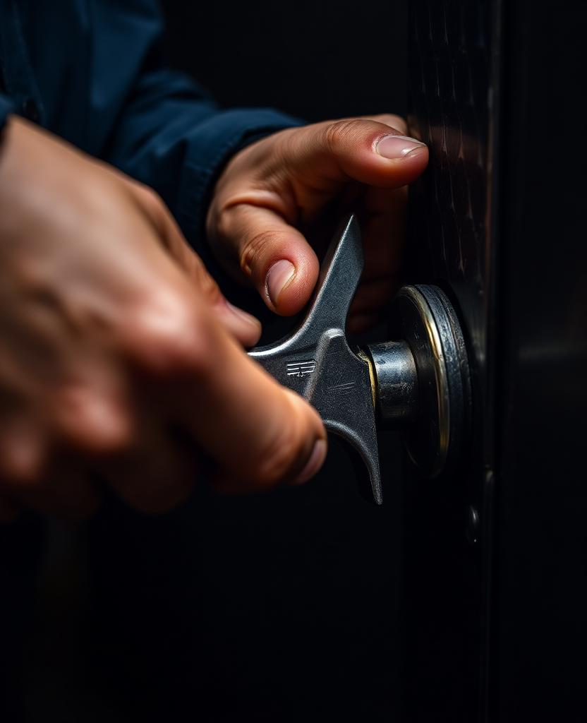 Locksmith using a tension wrench on a high-security cylinder lock